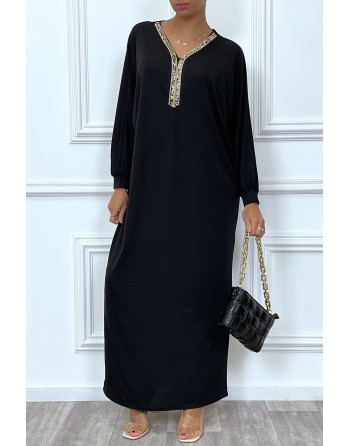 Abaya noire à encolure de strass et manches longues - 2
