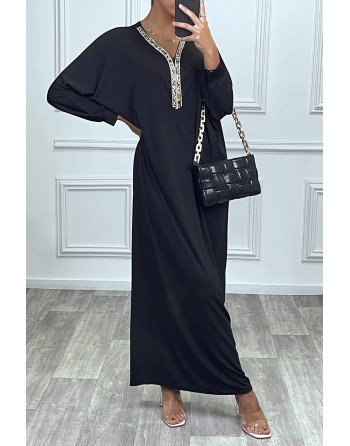 Abaya noire à encolure de strass et manches longues - 7