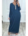 Abaya bleu canard à encolure de strass et manches longues - 1