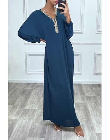 Abaya bleu canard à encolure de strass et manches longues - 2