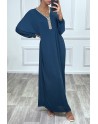 Abaya bleu canard à encolure de strass et manches longues - 2