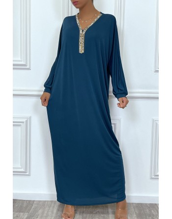 Abaya bleu canard à encolure de strass et manches longues - 4